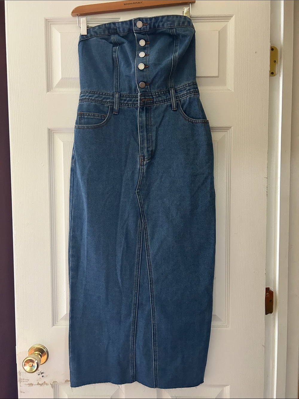 Sincerely Jules High-Rise Denim Midi Skirt in Blue